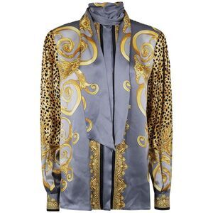 VERSACE Baroque and Leopard Print Scarf Neck Blouse Women GREY Shirts